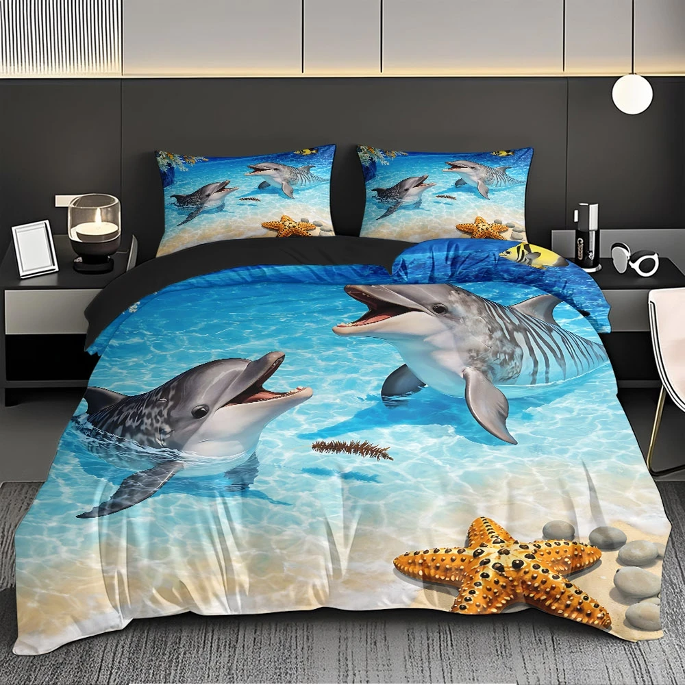 Dolphin Duvet Cover Queen Twin Ocean Theme Bedding Set Cute Marine Life Decor Comforter Cover Cartoon Sea Animal Quilt Cover