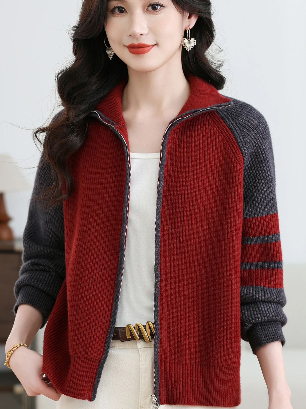 

Модное вязаное шерстяное пальто с воротником для женщин среднего и старшего возраста, весна-осень, повседневное, на молнии