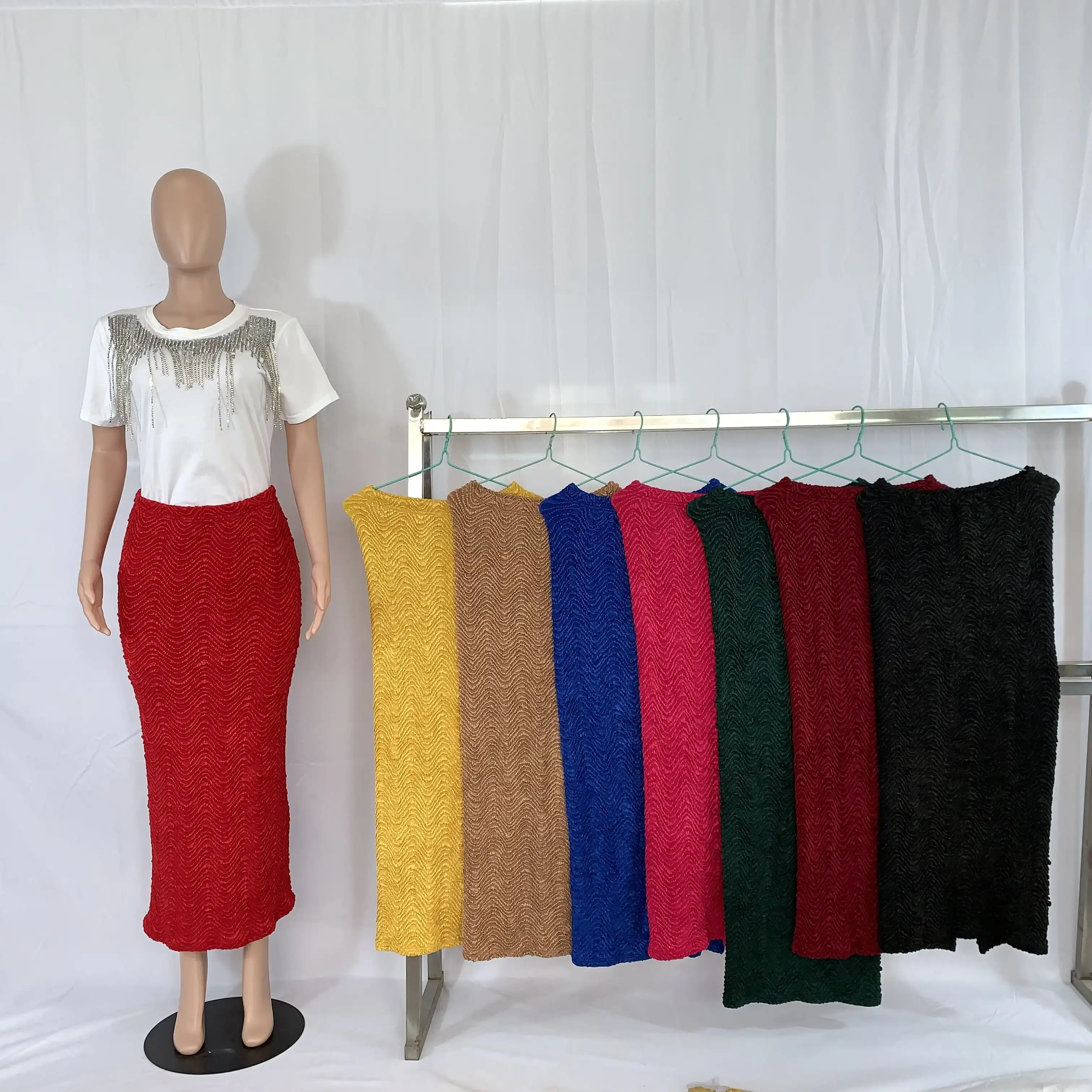 2024 Spring Summer 190904# New Type Knitted Long Fashion High Waist Pastel Hot Sale Dress Colorful  Plus Size Skirt