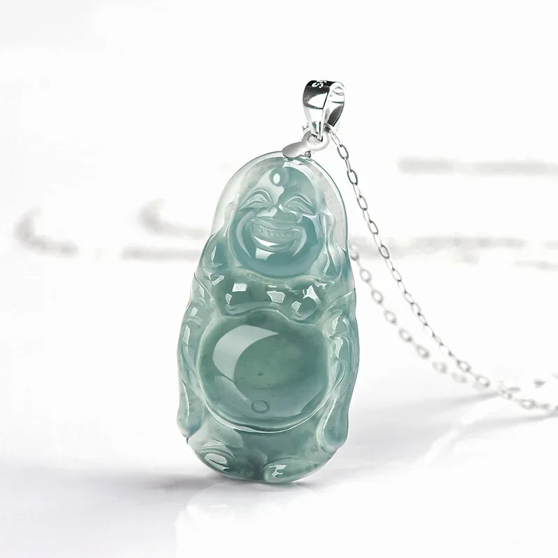 Jiale/925 Silver Inlaid Natural Jade Blue Water Standing Laughing Buddha Necklace Pendant Jewelry Accessories Fashion Women Gift