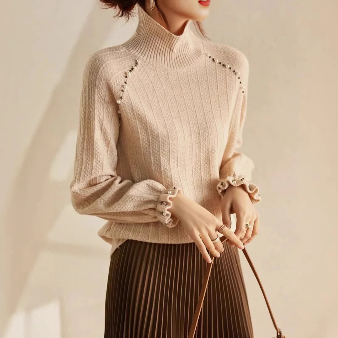 2026 Early Autumn New Product Elegant Design Beaded Semi-turtleneck Bottoming Shirt with Casual Pullover Long-sleeved Sweater