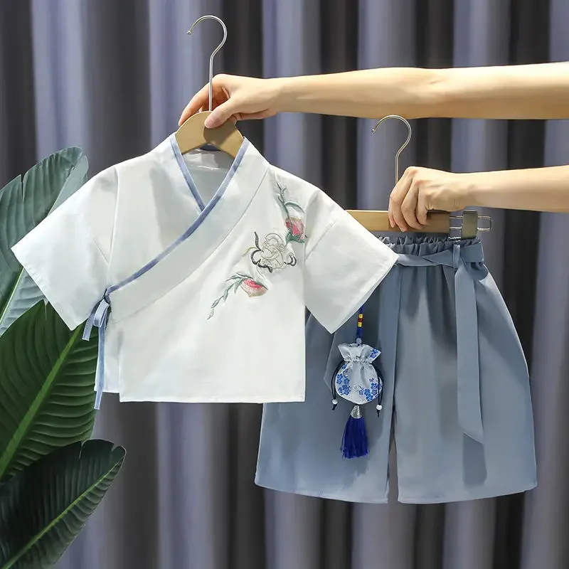 Summer Chinese Style Embroidery Short Sleeved Tang Suit Two Piece Set Boys Girls Oriental Children Costumes Send Sachets Kung Fu