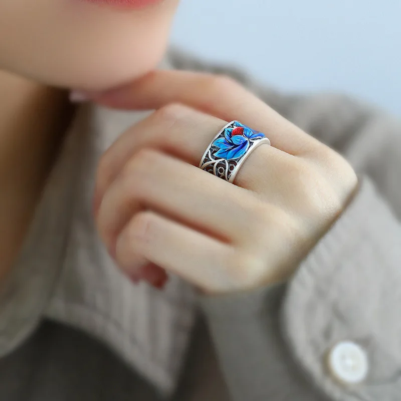 

Retro national style Epoxy colored glaze ring women's sterling silver hollow heart meridian lotus koi ring