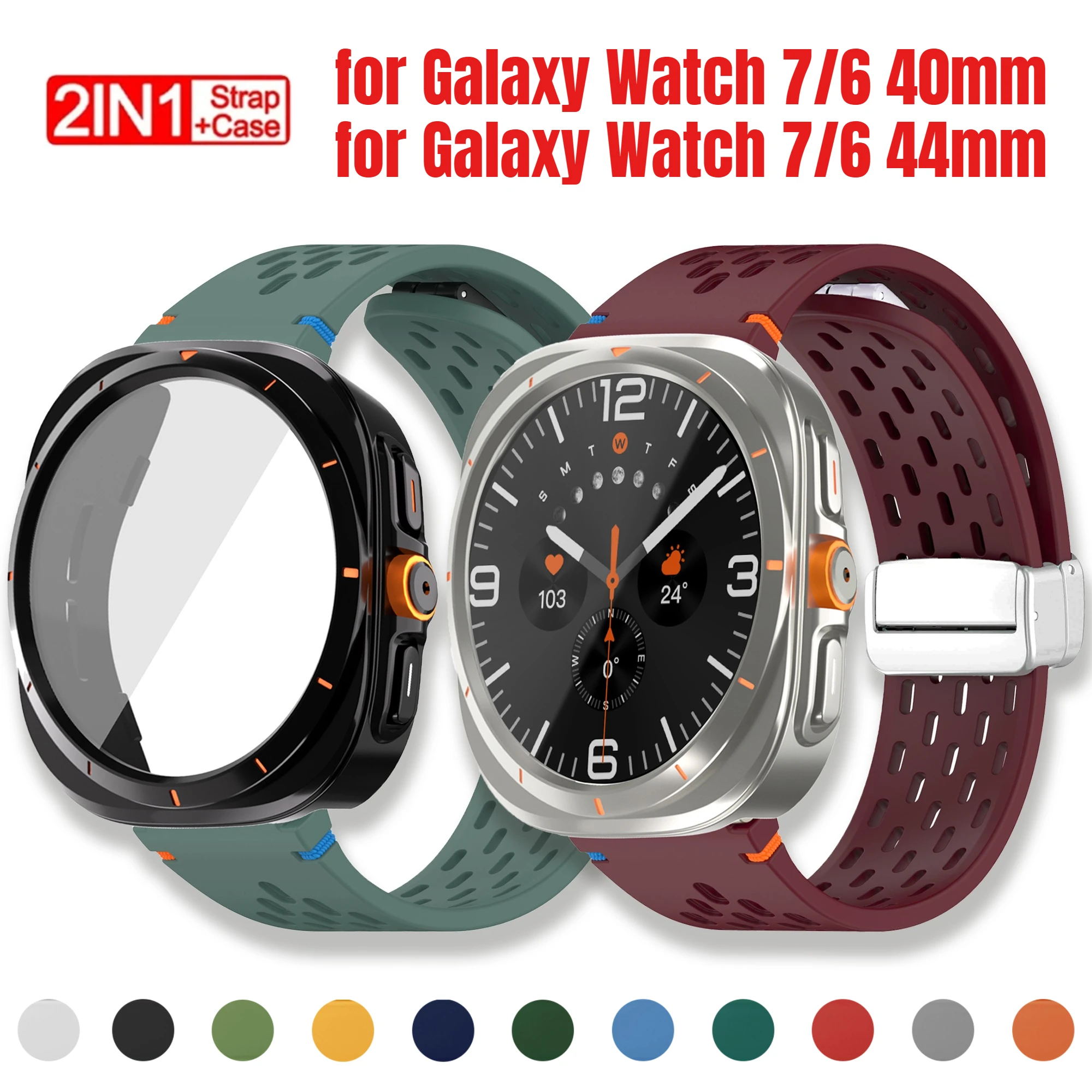 Silicone Magneti Buckle Band +Change To Case Tempered Glass Full Protective Cover Bumper for Samsung Galaxy Watch 7 6 40mm 44mm