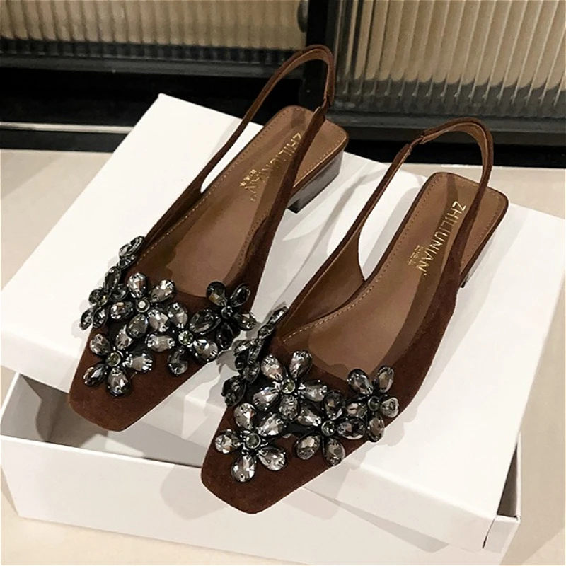 

Luxury Rhinestone Flower Low Heel Sandals for Women Square Toe Mules Shoes Elegant Slingback Dress Shoes Women Pumps Summer 2026