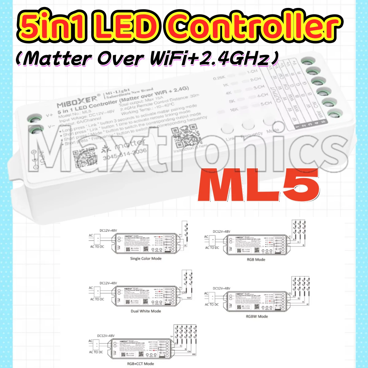 NEW Miboxer ML5 5in1 Controller DC12-48V Matter Over WiFi+2.4GHz Tuya APP WIFI Control Single/Double Color RGB RGBW RGBCCT Strip