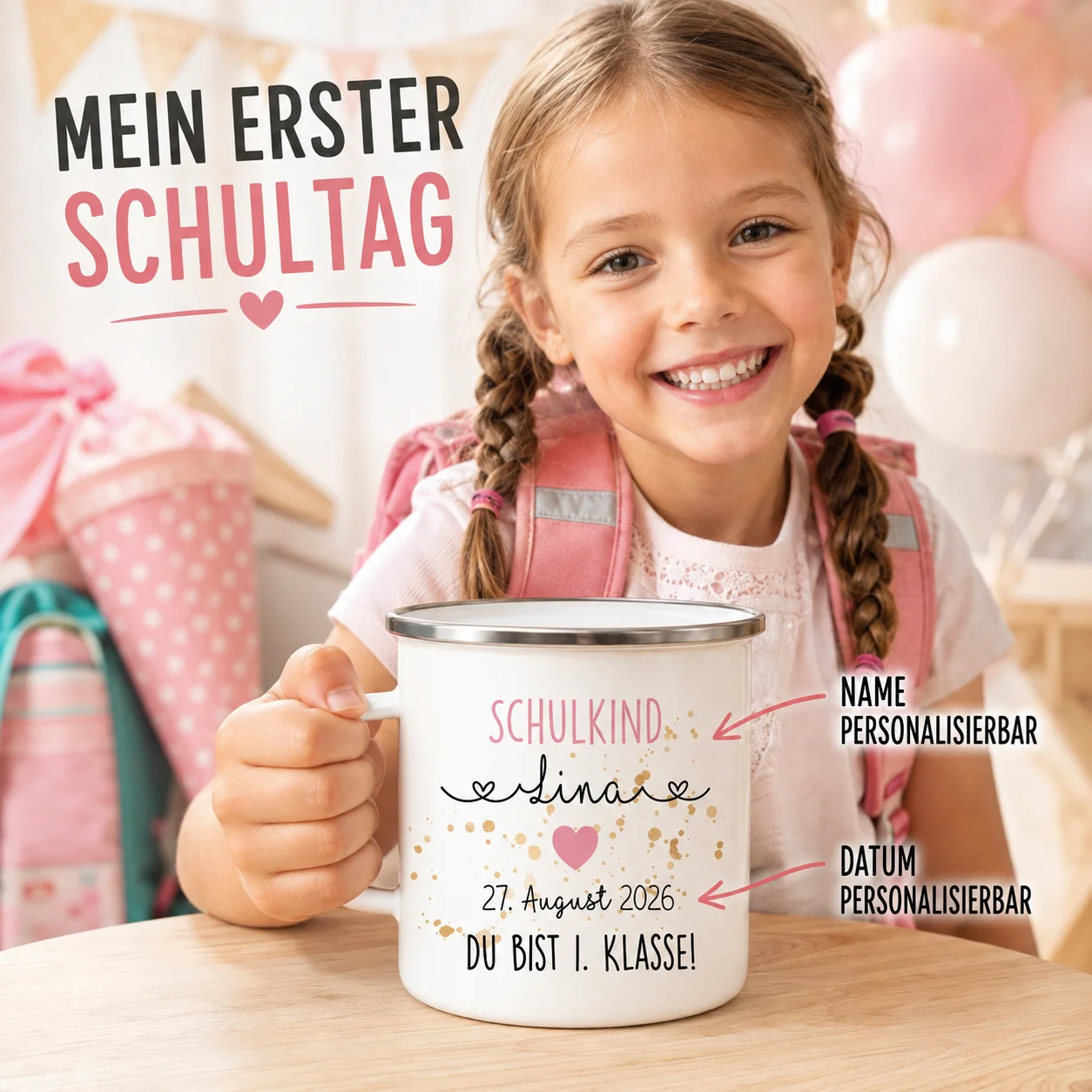 Personalized Schulkind Enamel Mug Custom Name Date First Day Of School Cup 1 Klasse Gift Back To School Kids Camping Coffee Cup