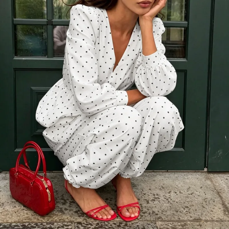 LIinar 2026 Spring Fall Women's Polka Dot Set 100% Cotton V-Neck Ruffled Bell-Sleeve Fitted Blouse Loose-Fit Bell-Leg Pants Set