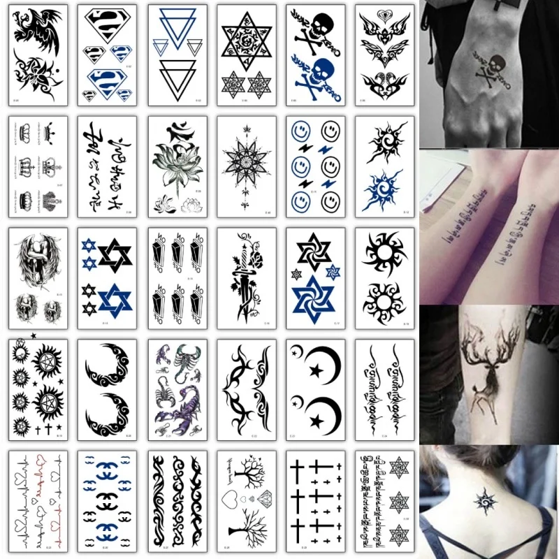 30 Stück kleine temporäre Tattoos für Männer und Frauen, Falkenkreuz, chinesischer Buchstabe, Totem, gefälschte Tattoos, Aufkleber, Hand, Brust, Handgelenk, Arm, Hals, Körper