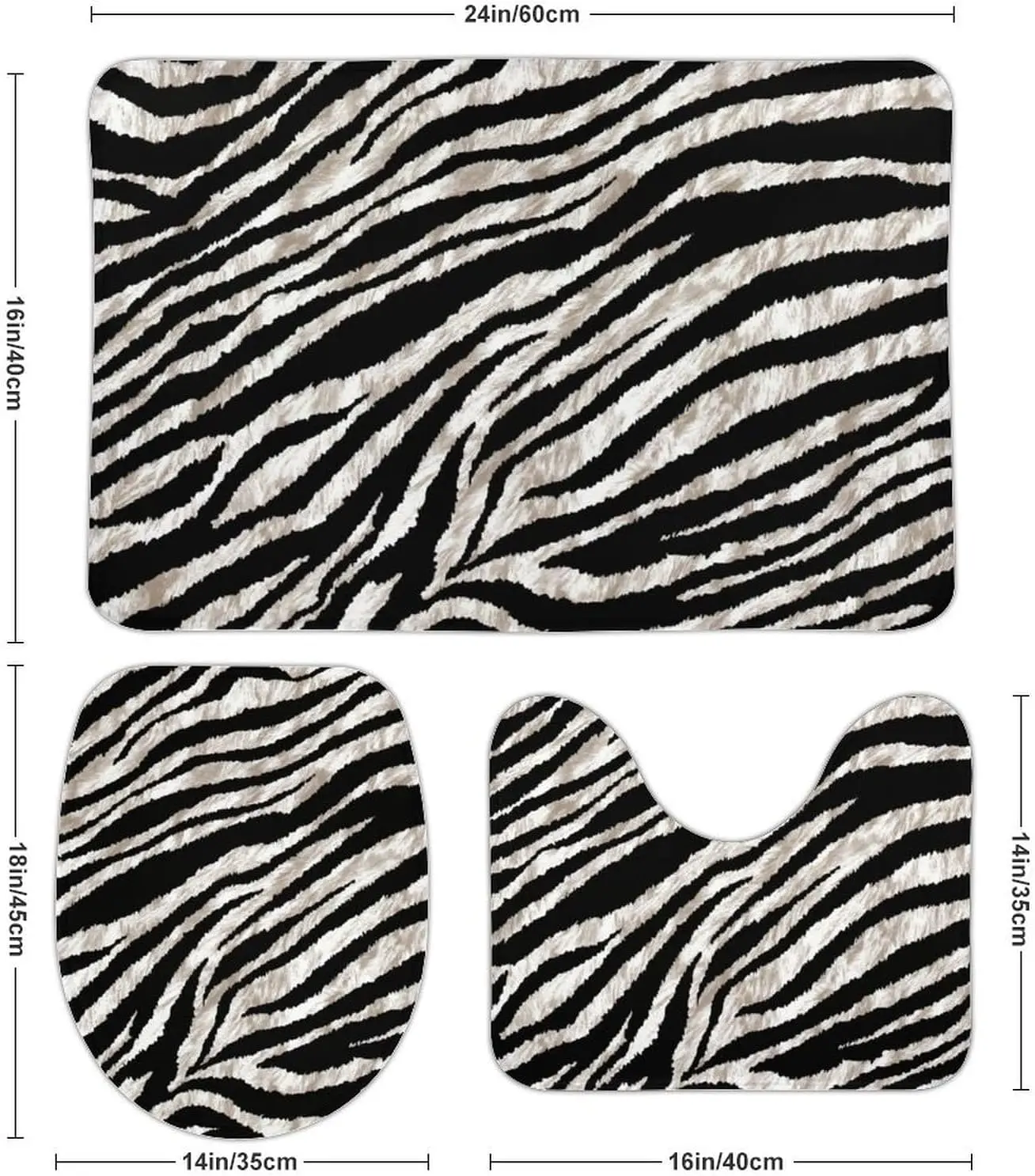 3PCS Zebra Print Bath Mat Set, Black White U-Shape Toilet Lid Cover & Rug, Non-Slip Soft Absorbent Animal Print Bathroom Decor