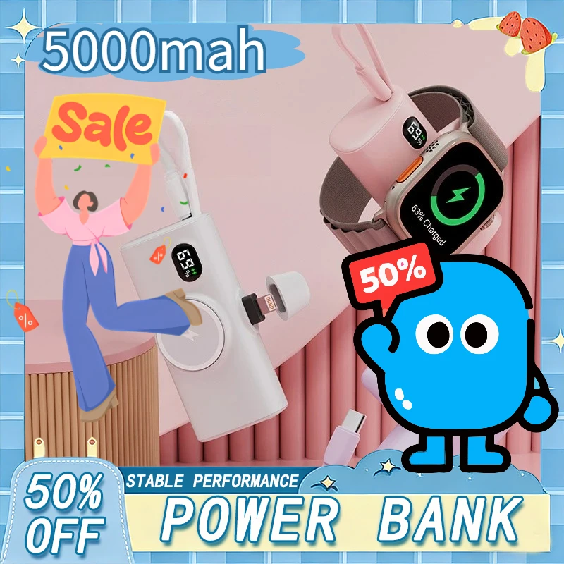 

Мини-пауэрбанк с кабелем USB-C для iPhone 16, Samsung, Huawei, Xiaomi, магнитное беспроводное зарядное устройство для iWatch, Apple Watch 9, 8, 7