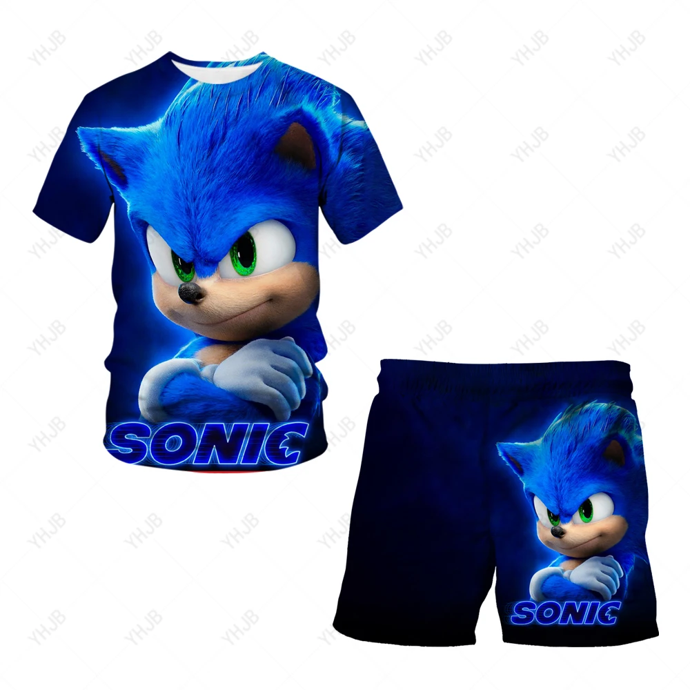 

Anime Children's T-shirt Set Sonic The Hedgehog Fashion 3D Top Short Sleeve Shorts Two-piece Set Costume Blue Boys Cosplay