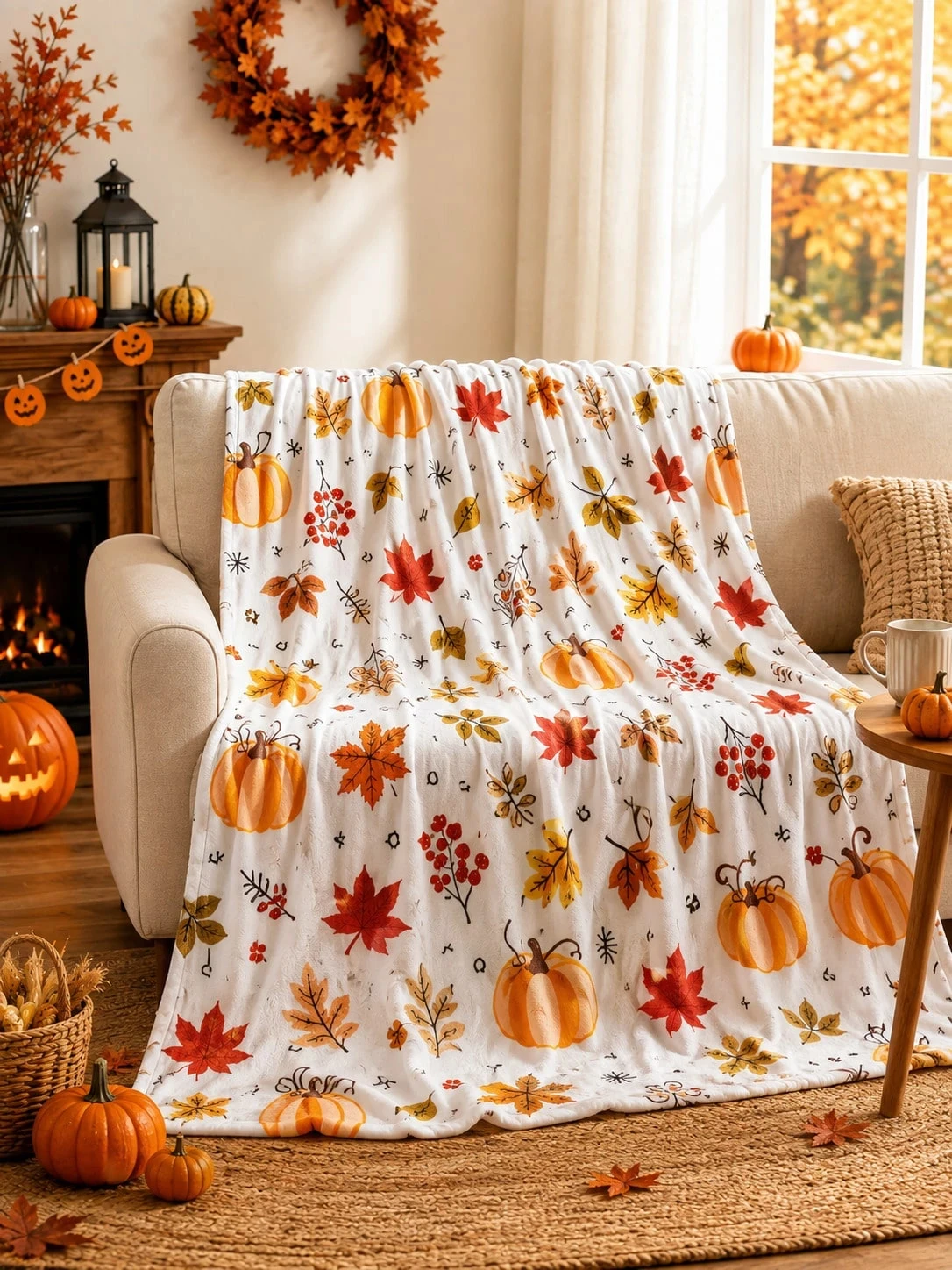 1pc Halloween Pumpkin Maple Leaf Flannel Throw Blanket,Autumn Harvest Print Blanket for Bedroom Living Room Camping, Holiday Hom