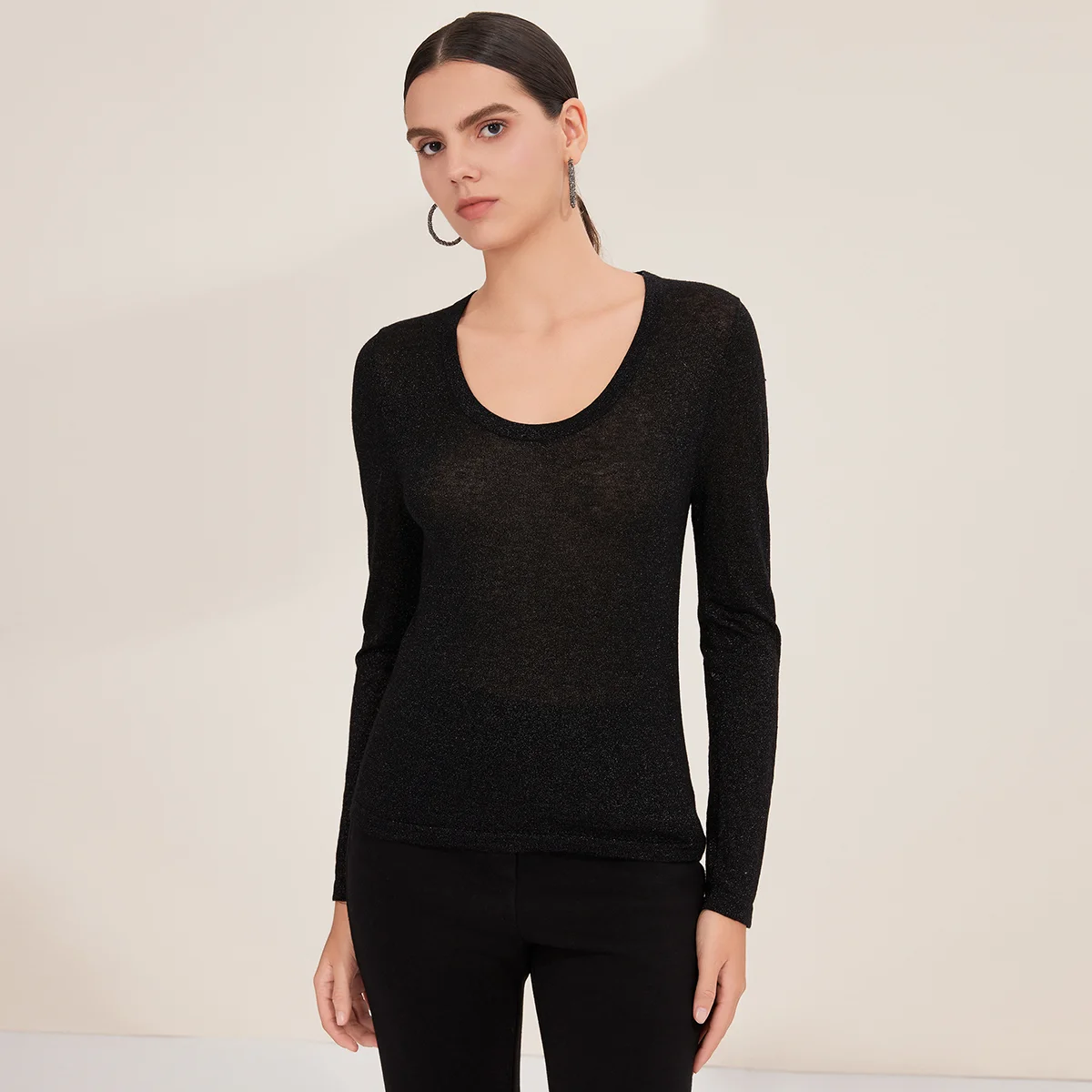 

BD3521283 Women's Long Sleeve Scoop Neck Superfine Merino Wool Sweater Sparkly Slim Fit Sweater for Fall