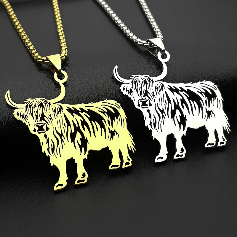المرتفعات البقرة لطيف قلادة قلادة للنساء الرجال الفولاذ المقاوم للصدأ الفضة اللون الحيوان رقيق الشعر مزرعة الجوف سلسلة مجوهرات هدايا #1
