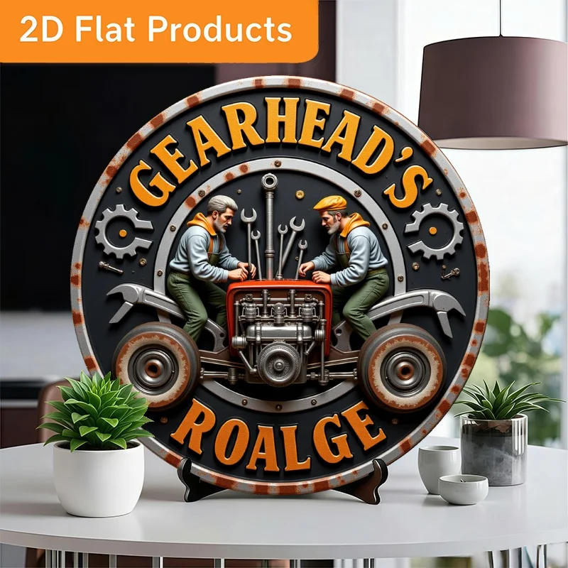 Vintage 2D Metal Sign Man Cave Garage Decor, Mechanics Working on Engine Wall Art, Round 11.81x11.81 Inch Metal Wall Decor for H
