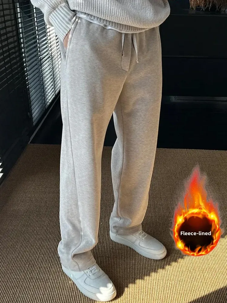 

Мужские зимние повседневные брюки с высокой талией, прямые брюки с подкладкой, простые модные свободные брюки для повседневной носки