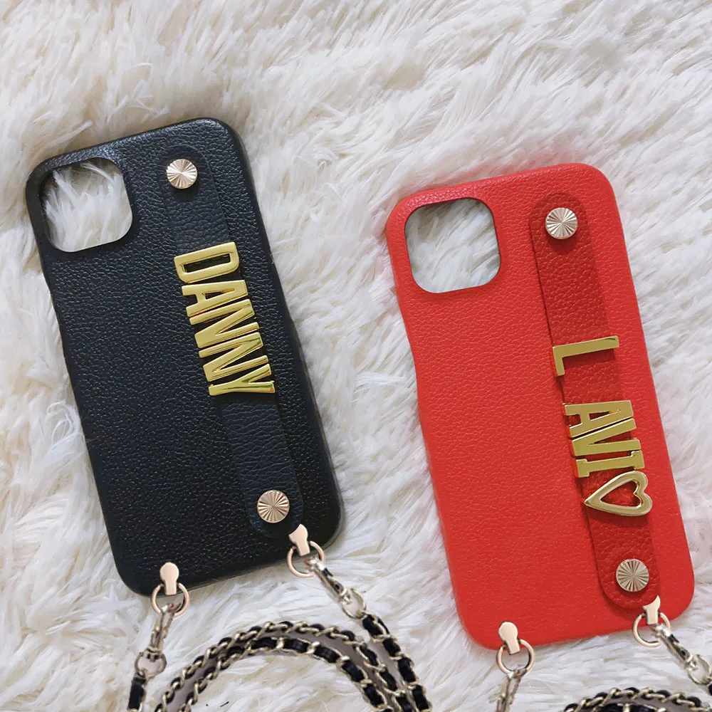 Custom Name Logo Gold Letters Pebble Leather Adjustable Lanyard Phone Case For iPhone 14 11 12 13Pro Max xr Personalized Cover