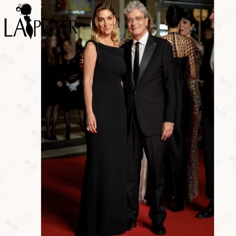 Heavy Crepe Black Evening Dresses Mermaid Lapel Neck Simple Woman Prom Dress Empire Elegant Decent Lady Formal Dress