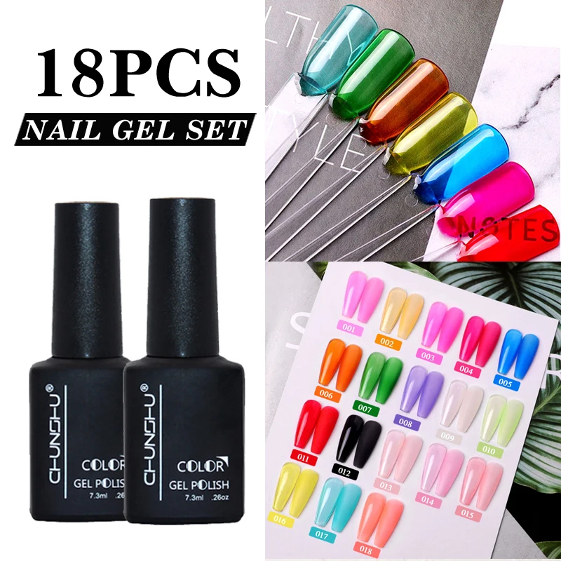 CHUNSHU 18Pcs Set Gel Nail Polish Soak Off Glazed Translucent Amber Color Nail Gel Semi Permanent Varnish Kit With Base Top Coat