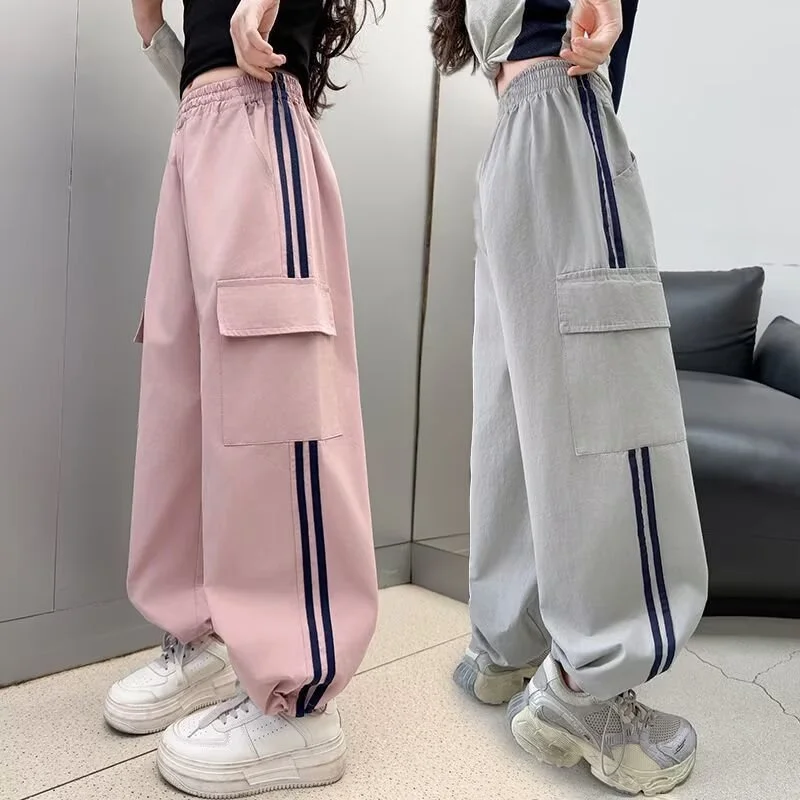 Girls' Spring Pants Teenager Fashion Cargo Trousers 2026 New Stylish Casual Wide-leg Pants Kids Loose Autumn Sportpants 5-14Y