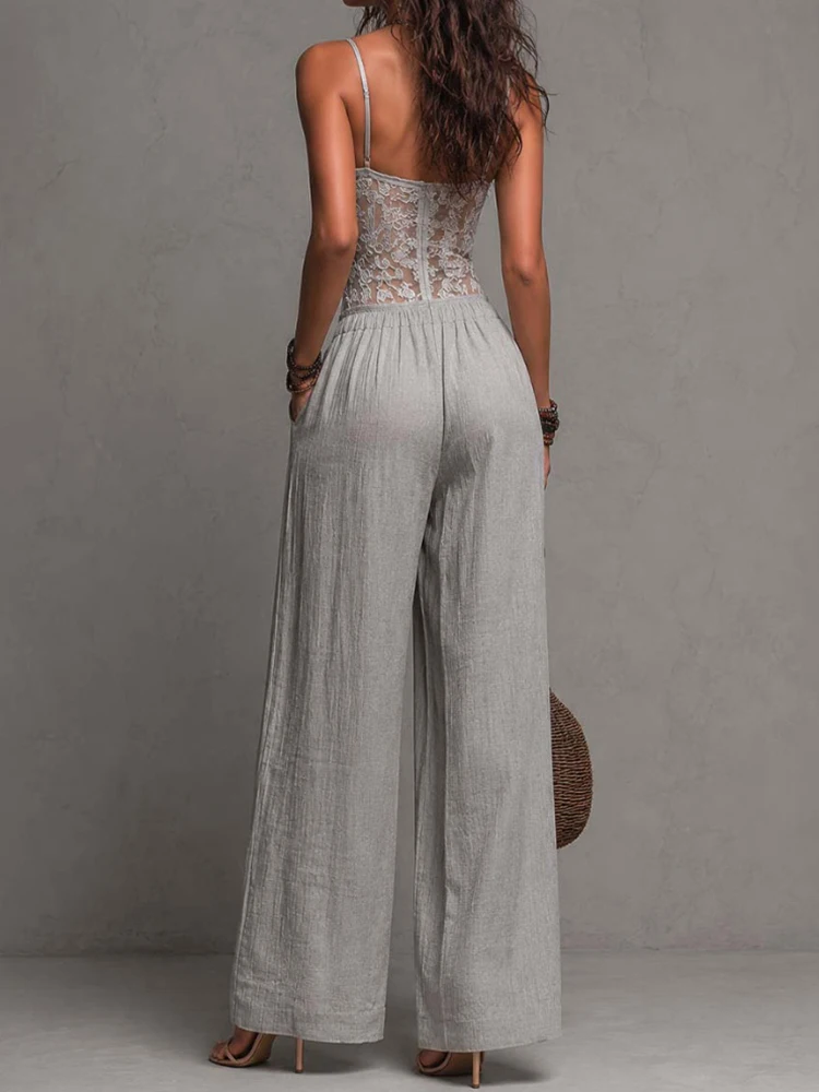 Spaghetti Strap Hollow out Backless Top with High Waist Wide Leg Pants Two-Pieces Set New Women Summer Sleeveless Fashion Outfit