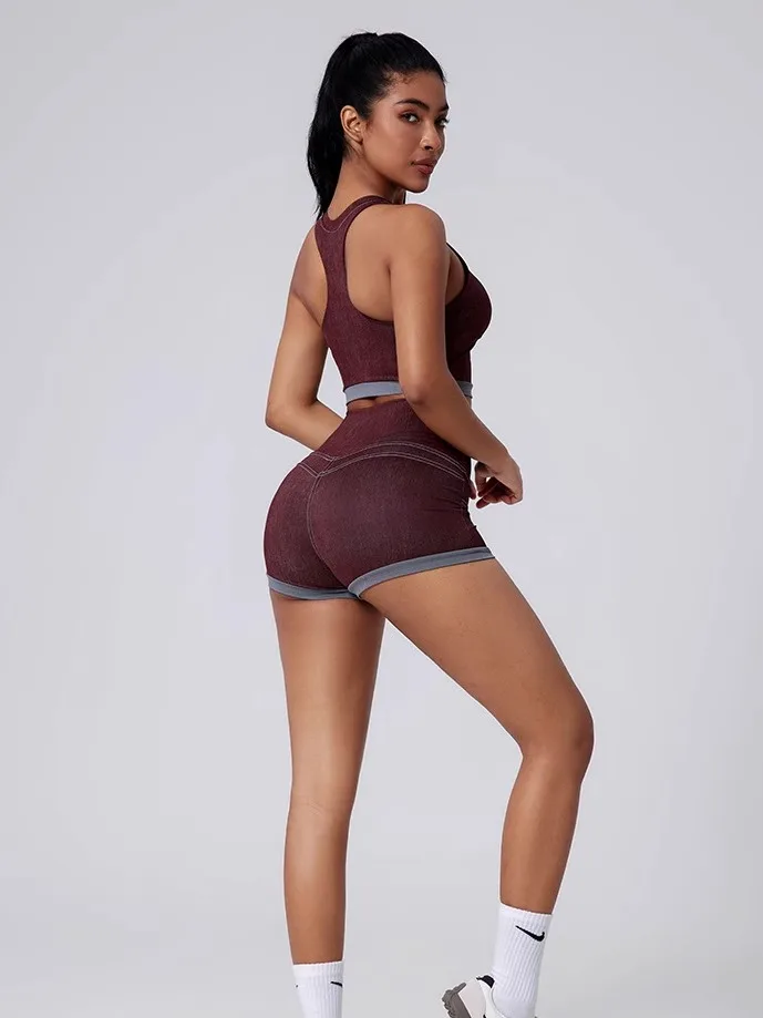 Women's Spor Denim Sle Vest Set Running Yoga Fitn Outwear Underwear New Cross-Border Simulation Cotton Polyester Spandex