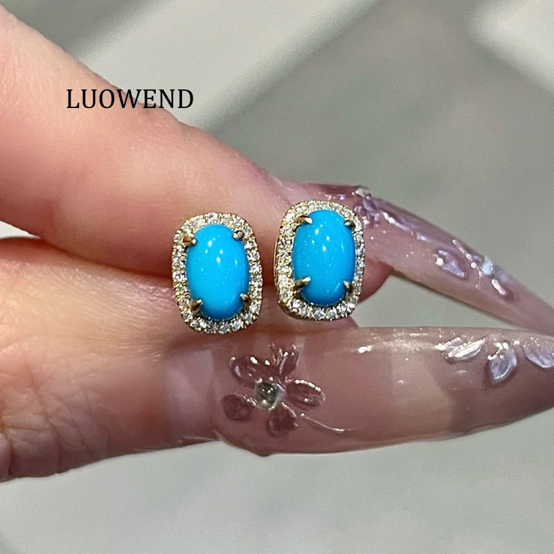 

Серьги LUOWEND из 100% белого золота 18 карат, элегантные серьги-гвоздики в стиле OL с блестящими бриллиантами и натуральной бирюзой для женщин, ювелирные изделия для вечеринок