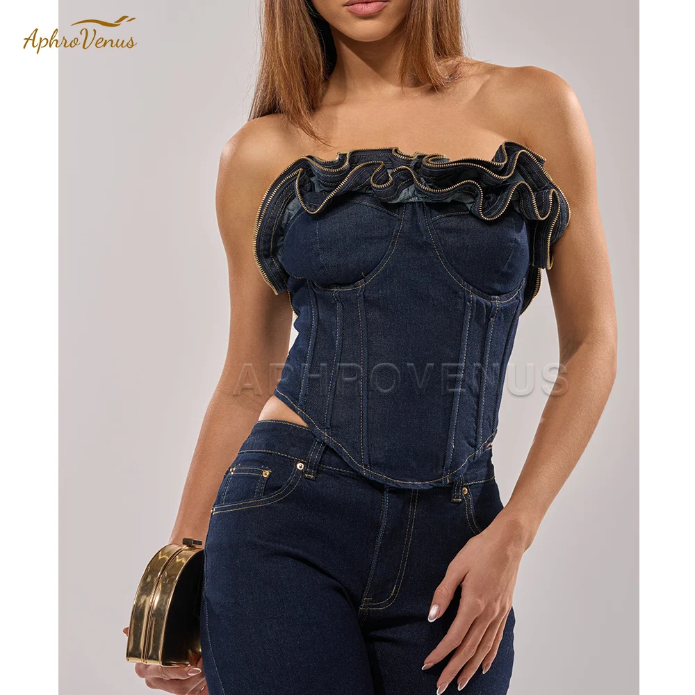 Women's Vintage Denim Corset Top Off Shoulder Ruffle Zipper Trim Bustier Y2K Streetwear Slim Fit Waist Cincher Corset for Party