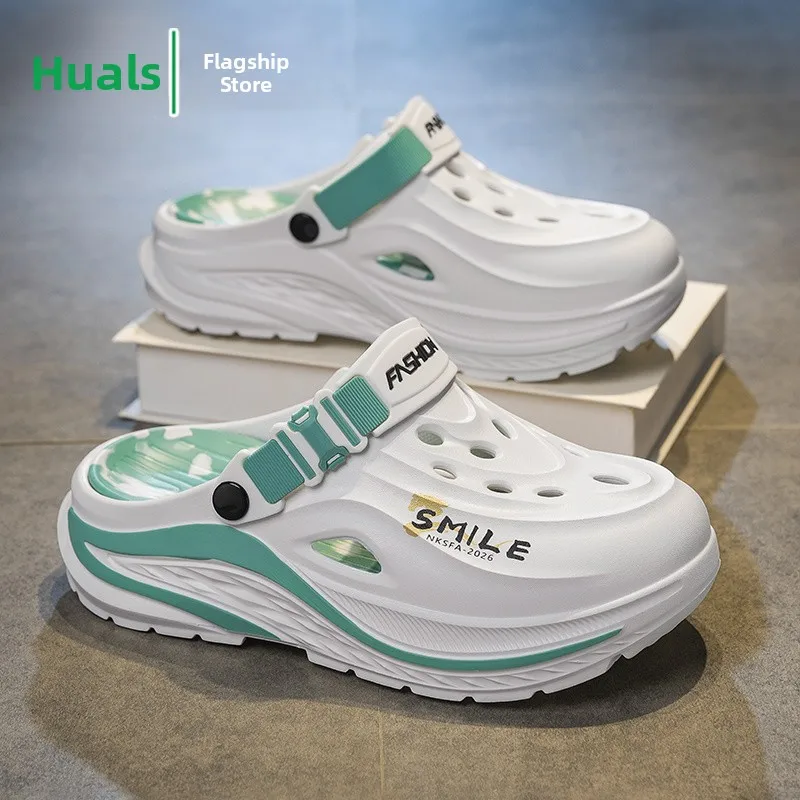 Men's Sandals Anti-Slip Thick Bottom Breathable Hole Shoes Driving Sports Leisure Big Size 45 Beach Slippers Open-Toe Slip-On