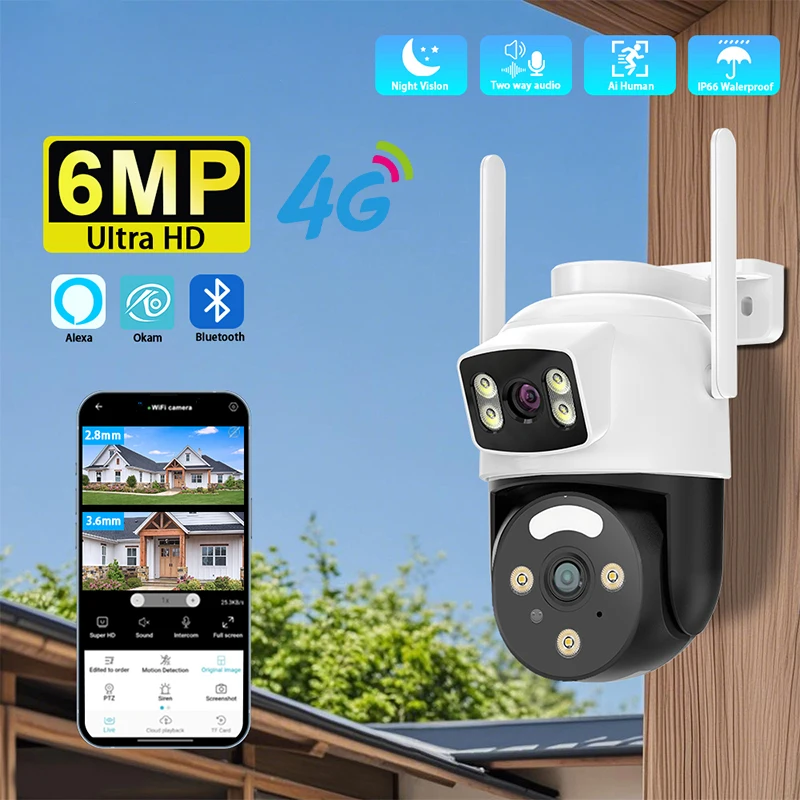 HFWVISION 6MP HD WiFi Camera PTZ Dual Lens Dual Screen Outdoor Camera AI Human Detection Full Color Night Vision Video Cameras