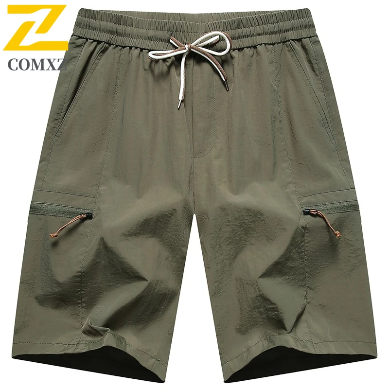Men Casual Pants Quick Drying Breathable Sweat Absorbing Sports Shorts Elastic Waist Pocket Zipper Outdoor Camping Hiking Shorts