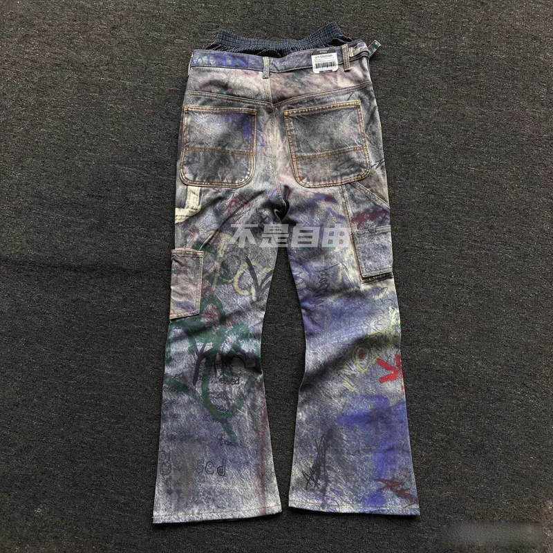 Fake Two Pieces Waist PROJECT 3D Graffiti Print Mini Horn Jeans Men Women High Quality Loose Hip Hop Streetwear Flared Trousers