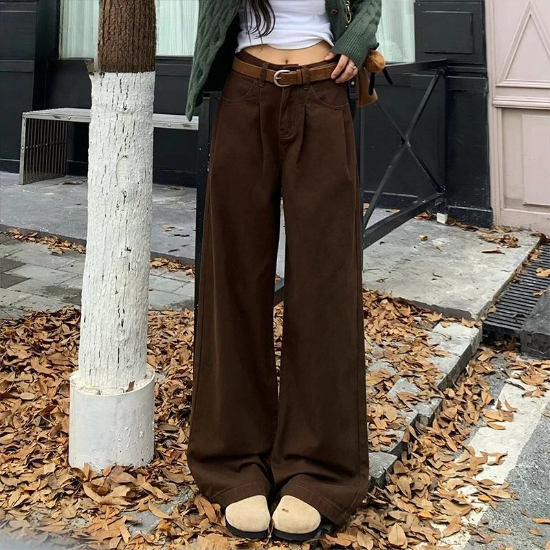 

High Waisted Jeans Women's Autumn and Winter New Item Brown Coffee Color Loose Straight Leg Wide Leg