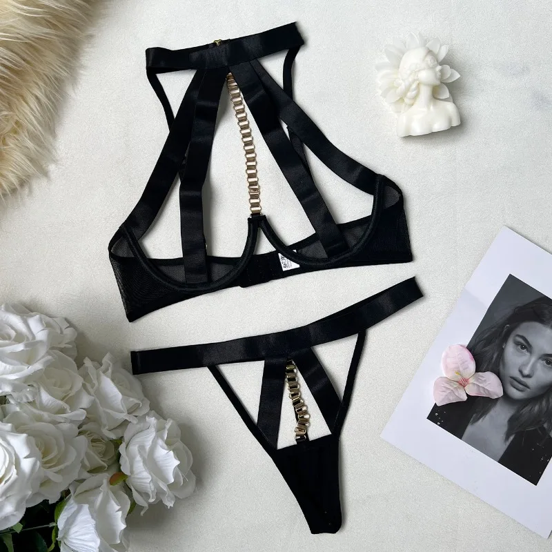 Toucheart Hot Lingerie Straps Hollow Sexy Set Skinny Plunge Gather Together Erotic Interesting Seductive Intimate Underwear Set - Image 6