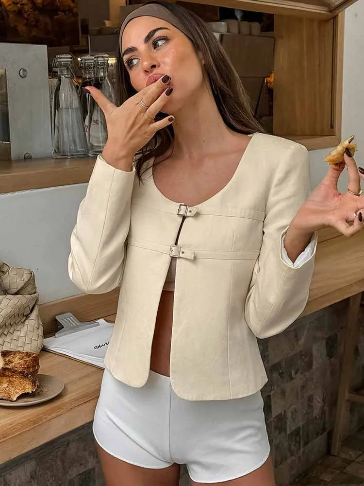 

MCDV осенняя элегантная короткая куртка женская с круглым вырезом и длинными рукавами в стиле пэчворк кардиган с двойными ремнями 2025 модная уличная верхняя одежда для поездок на работу