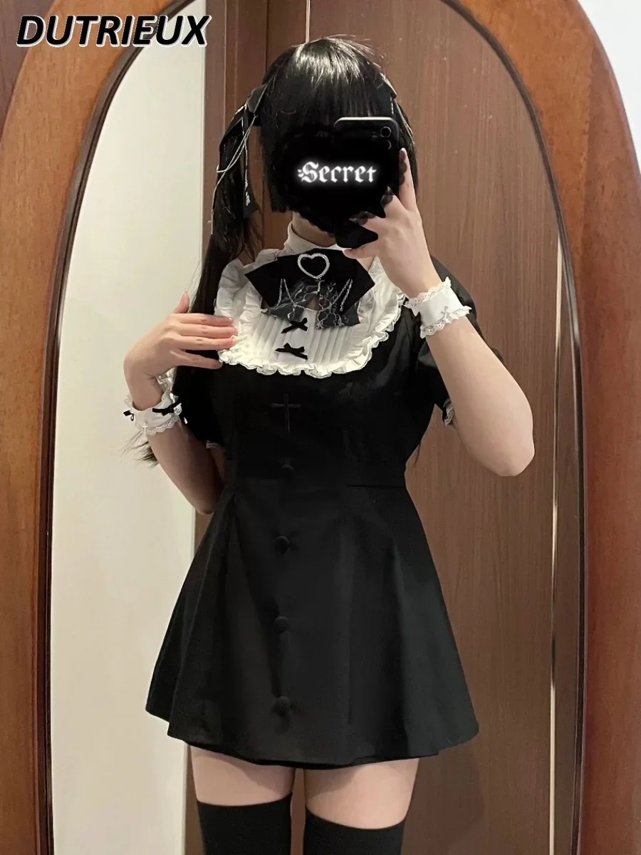 

Japanese-Style Mine Lace Top Stitching Short-Sleeved Embroidered Waist-Tight Dress Mass-Produced Sweet Girl All-Match Suit