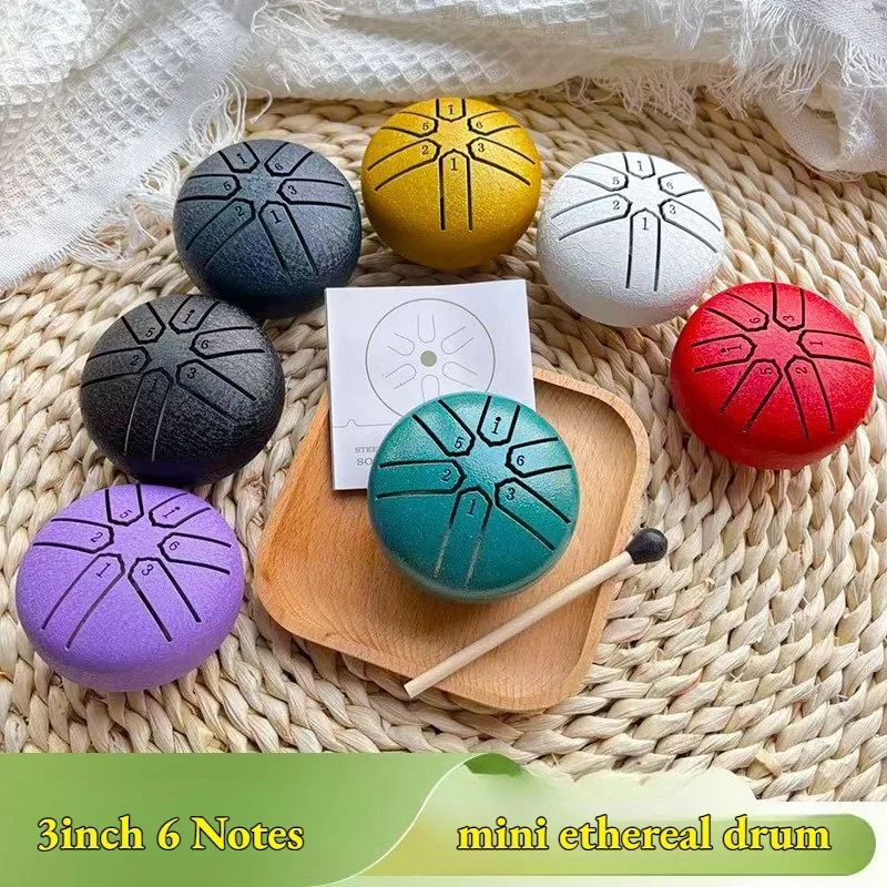 Mini 3 Inches 6 Notes Steel Tongue Drum Rain Drum with Drumsticks Hollow Ethereal Drum Unique Instrument for Yoga Meditation