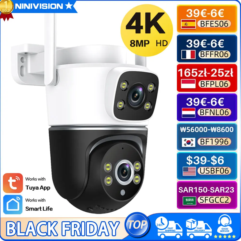 Dual Lens PTZ WIFI Camera Dual ScreenAuto Tracking Outdoor 4K 8MP Security Video Smart Life Surveillance Camera Tuya 2Way Audio