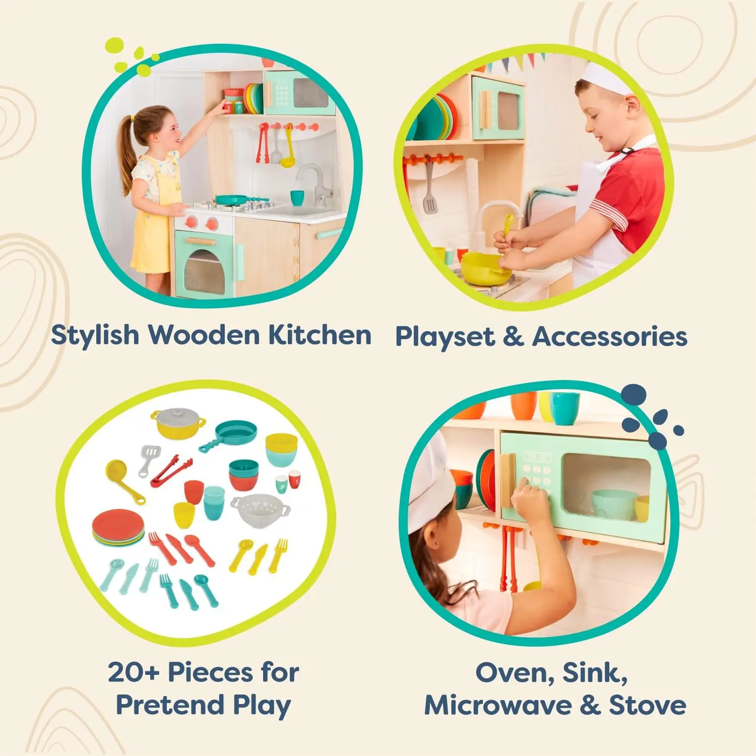 Mini Chef Kitchenette-Faire semblant de jouer en bois, Cuisine pour enfants, Ensemble de jeu de cuisine et accessoires, (20 + pièces), 3 ans