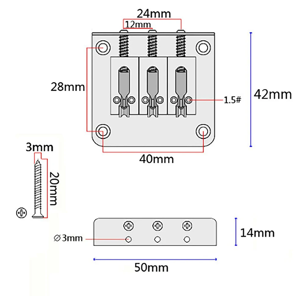 Adjustable 1*Bridge Bridge Hardtail Approx.12mm (0.47 Inch) Black Copper Silver Zinc Alloy 3 String 50x42x14mm