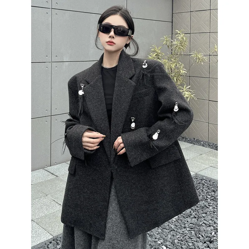 YERMORA Blazer Kasual Hangat Berumbai Rhinestone Abu-abu Untuk Wanita Kerah Lapel Lengan Panjang Longgar Jaket Baru Mode Musim Gugur Musim Dingin 2025