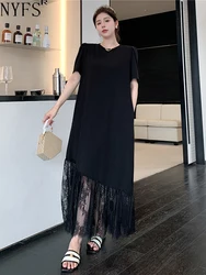 NYFS 2024 Summer New Korea Woman Dress Vestidos Robe Elbise Loose Plus Size Patchwork Lace Hem Solid Short Sleeve Long Dresses