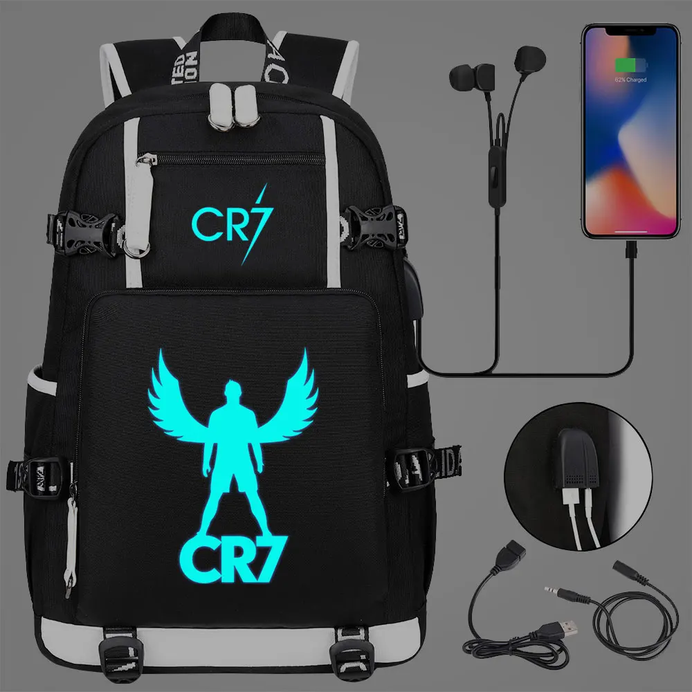 Luminous CR7 Football Backpack Male&Female USB Charge Students Schoolbags Computer Travel Laptop Mochilas