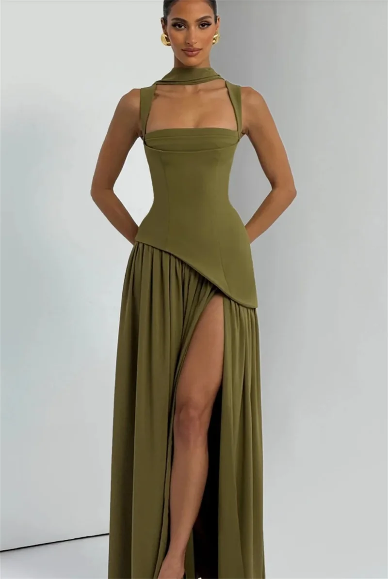 Abito da ballo con sciarpa lunga Verde scuro Nero Guaina sexy senza maniche Abito da sposa con lacci sul retro Abito da compleanno per matrimonio formale per ospiti