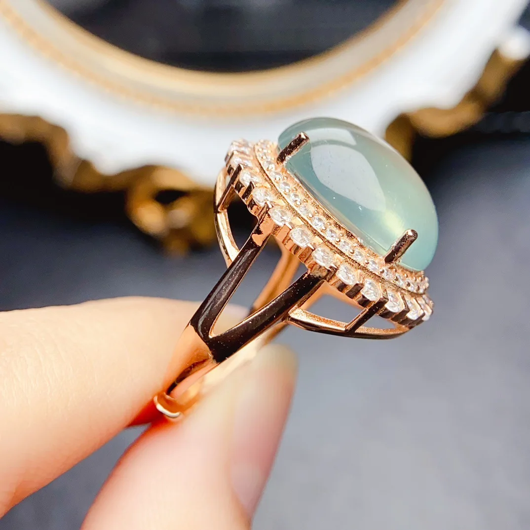 Natural Prehnite Ring, S925 Silver Setting 13x16mm Main Stone Adjustable, Elegant Gemstone Jewelry Gift for Women