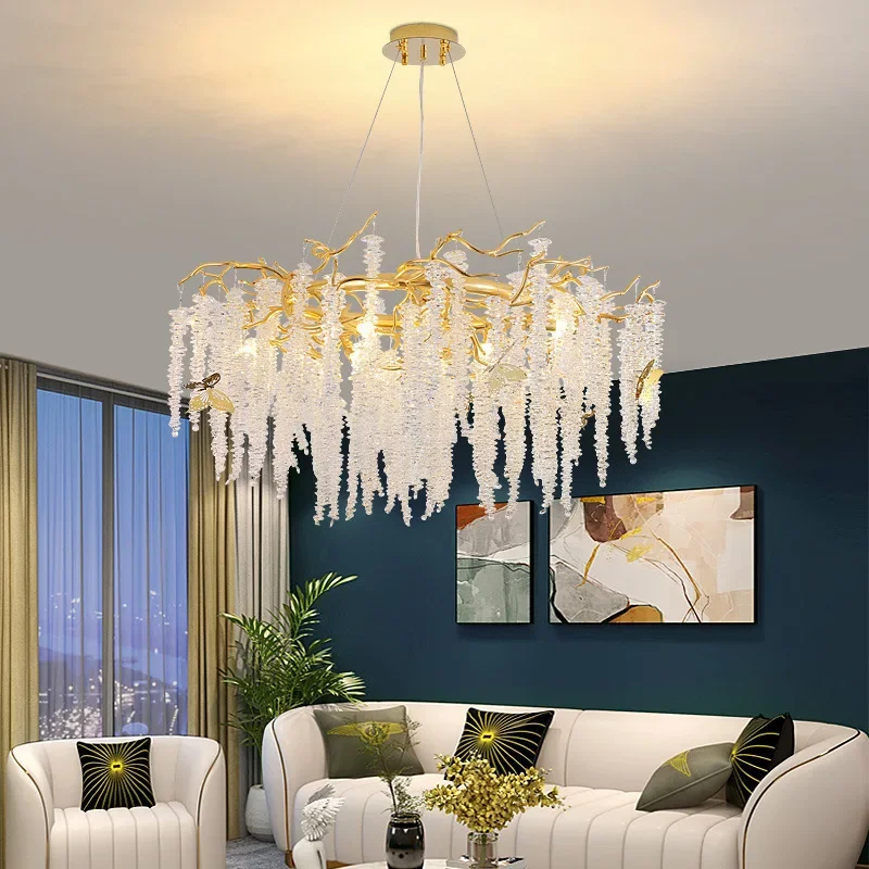 

Luxury Crystal Ceiling Chandeliers Long Tassel Round Modern LED Pendant Lamp for Living Room Hanging Lights Suspension Luminaire
