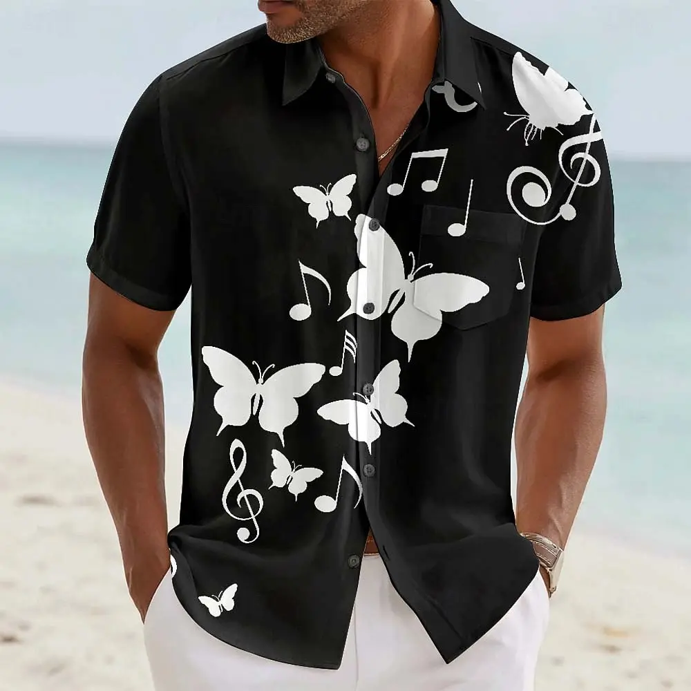 

Мужская рубашка с бабочкой для фортепиано и музыкальными нотами, рубашка на пуговицах, модная повседневная рубашка для музыкального фестиваля, летняя передняя рубашка с одним карманом и коротким рукавом