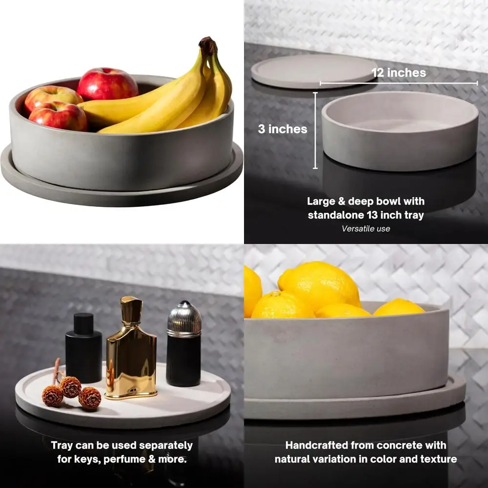 

Large Decorative Concrete Fruit Bowl with Tray for Kitchen Counter - Modern Key Bowl for Home Decor and Kitchen Accessories