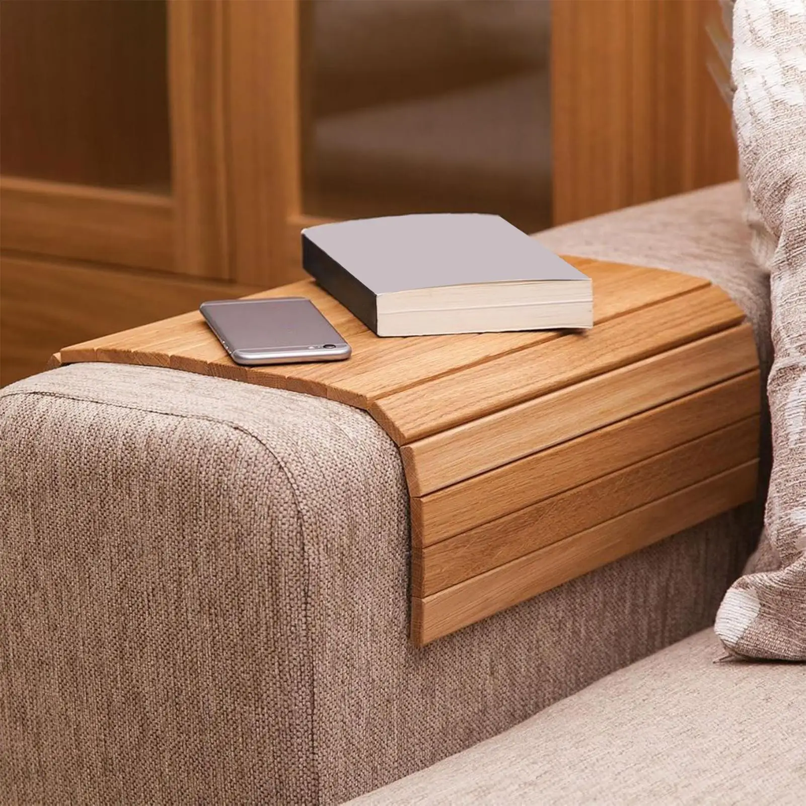 

Couch Armrest Table Wooden Side Arm Table for Sofa Folding Couch Armrest Tray for Coffee Drinks Phones Living Room Bedroom
